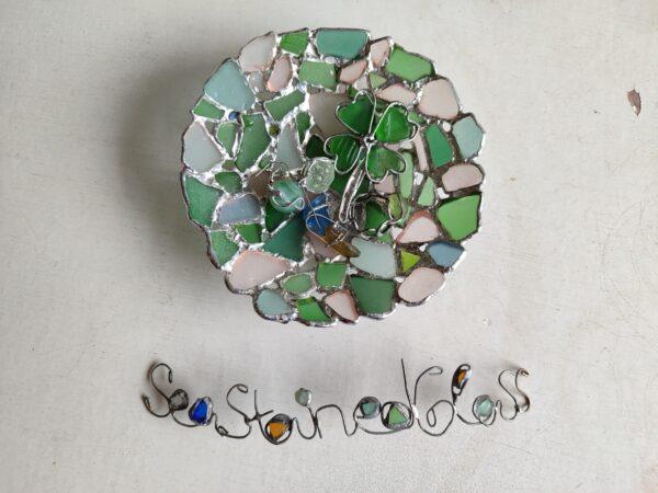 Round sea glass ring dish, sea stained glass jewelry trinket holder bowl - beach glass love gift, mosaic tealight candle holder - Image 3