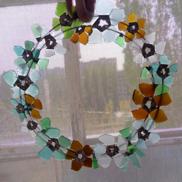 Stained sea glass floral door wreath, artificial flower suncatcher, interior outdoor exclusive beach decor - Image 2