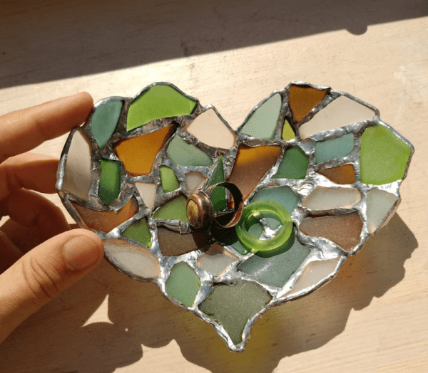 Heart ring dish, sea stained glass jewelry holder bowl ashtray - love gift, tealight candle holder - Image 9