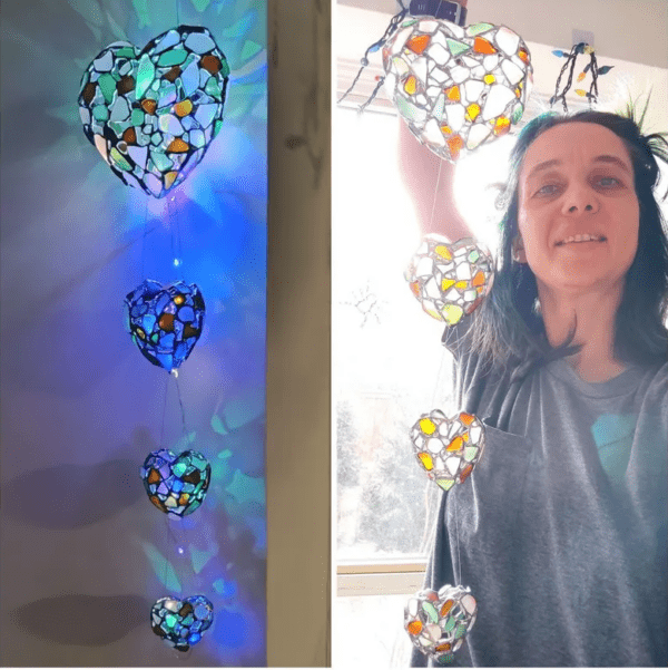 3D hearts sea stained glass suncatcher, interior or garden decorative pendant, ornament