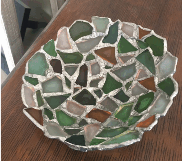 Round sea glass ring dish, sea stained glass jewelry trinket holder bowl - beach glass love gift, mosaic tealight candle holder - Image 4