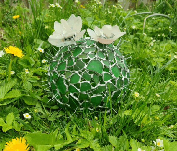 Big stained sea glass cactus + flower, home decor, artificial succulent, cactus lamp - Image 7