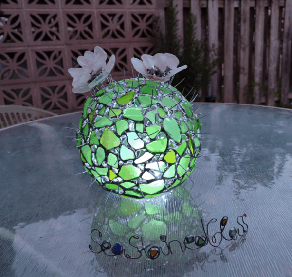 Big stained sea glass cactus + flower, home decor, artificial succulent, cactus lamp - Image 9