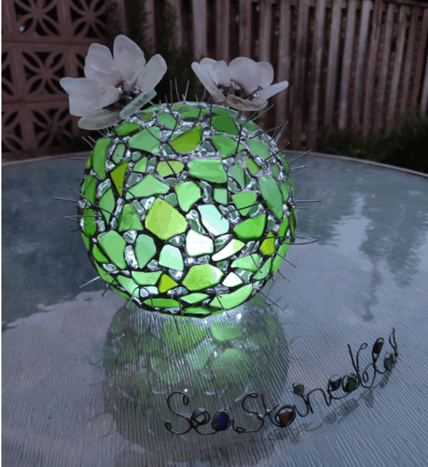Big stained sea glass cactus + flower, home decor, artificial succulent, cactus lamp - Image 6