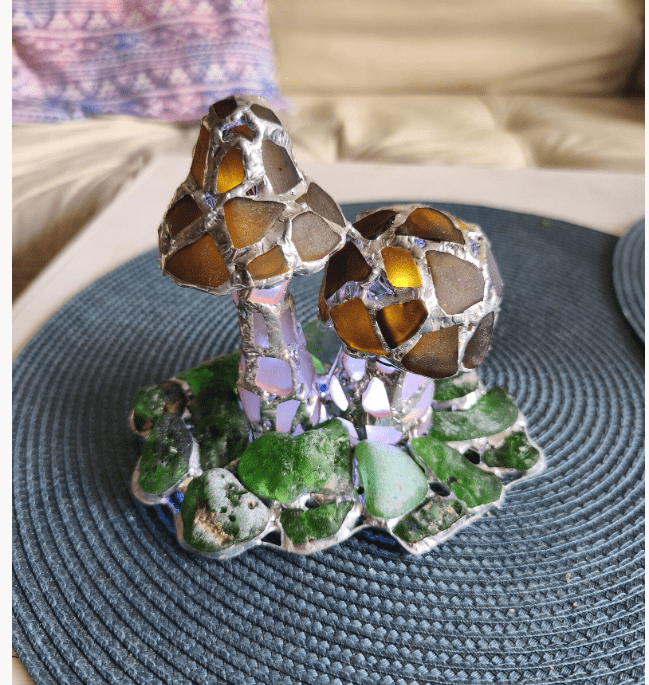Mushrooms on moss night light ring holder, sea stained glass art home decor, original upcycled figurine, wireless night lamp - Image 2