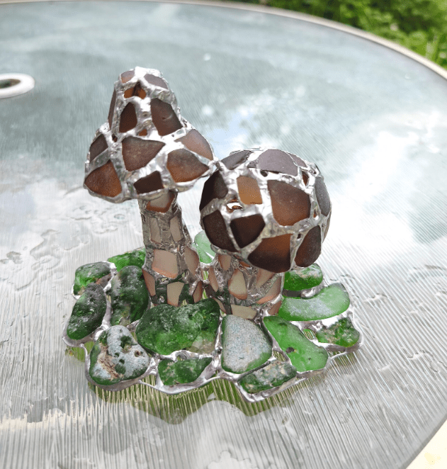 Mushrooms on moss night light ring holder, sea stained glass art home decor, original upcycled figurine, wireless night lamp - Image 13