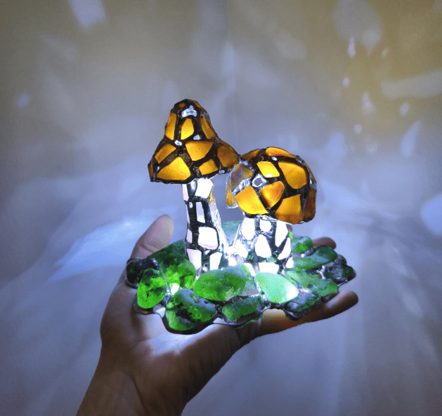 Mushrooms on moss night light ring holder, sea stained glass art home decor, original upcycled figurine, wireless night lamp - Image 12