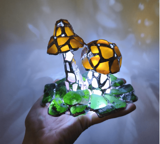 Mushrooms on moss night light ring holder, sea stained glass art home decor, original upcycled figurine, wireless night lamp - Image 8