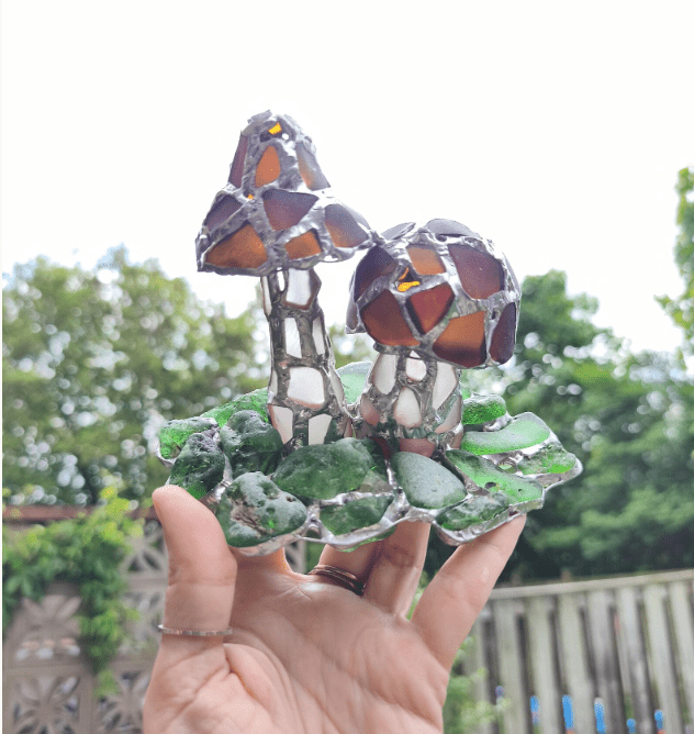 Mushrooms on moss night light ring holder, sea stained glass art home decor, original upcycled figurine, wireless night lamp - Image 4