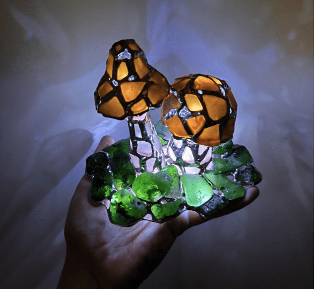 Mushrooms on moss night light ring holder, sea stained glass art home decor, original upcycled figurine, wireless night lamp - Image 3