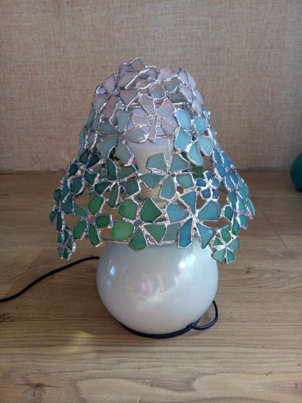 Small table Tiffany lamp, flower sea stained glass gradient art, sea wave colored, OOAK home boho decor - Image 10