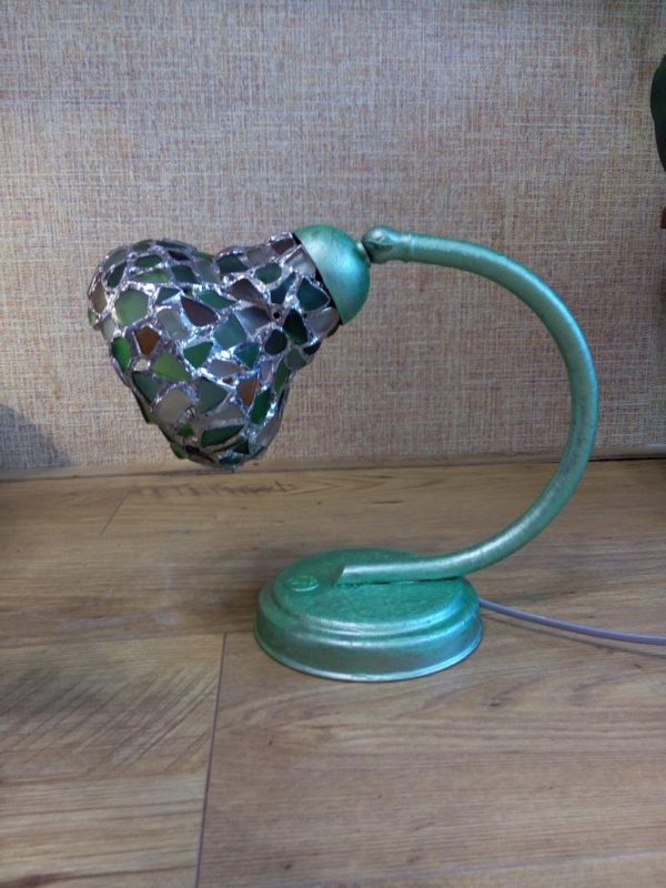 Mosaic table lamp, small sea stained glass Tiffany style, vintage OOAK beach glass desk lamp, unique art - Image 10