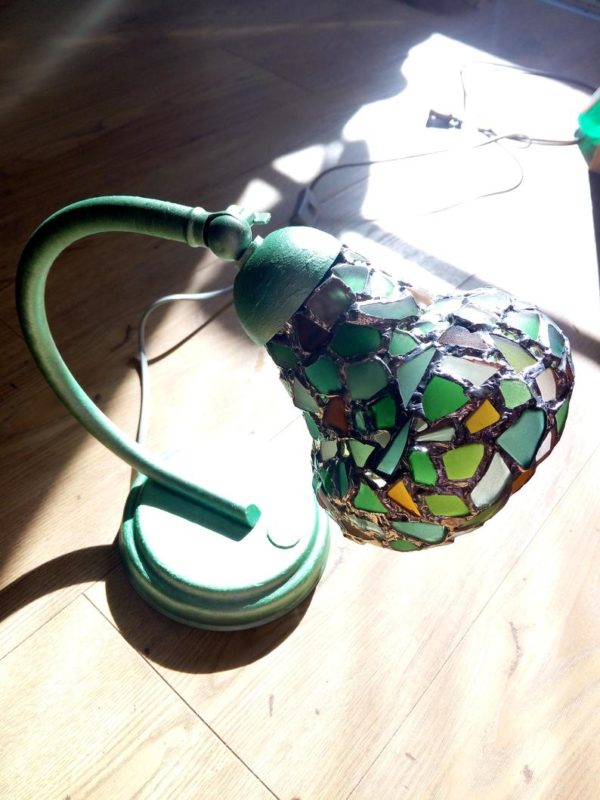 Mosaic table lamp, small sea stained glass Tiffany style, vintage OOAK beach glass desk lamp, unique art - Image 4