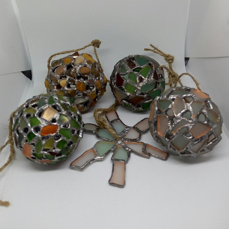 Christmas tree ornaments baubles: 4 type sea stained glass balls + "snowflake". Unique family heirloom - Image 3