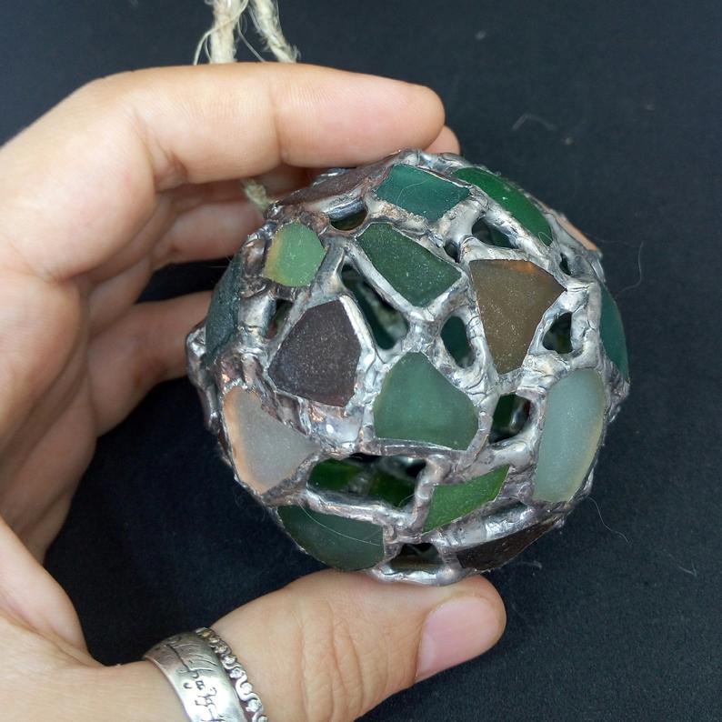 Christmas tree ornaments baubles: 4 type sea stained glass balls + "snowflake". Unique family heirloom - Image 6
