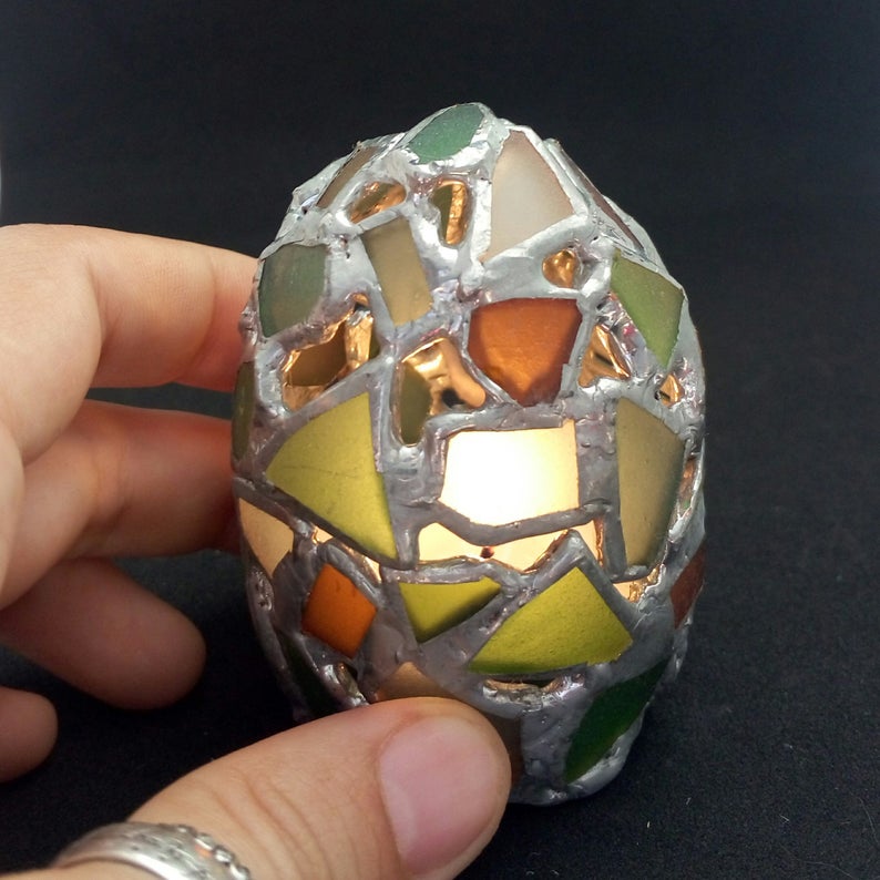 Small easter egg jewelry box, sea stained glass OOAK Faberge-style ring box, dragon egg, collectable - Image 2