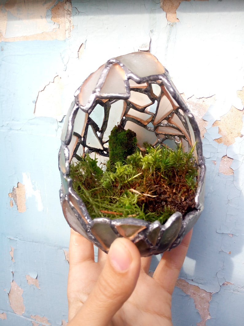 Florarium white dragon egg, candle holder sea stained glass, easter egg home decor, succulent planter