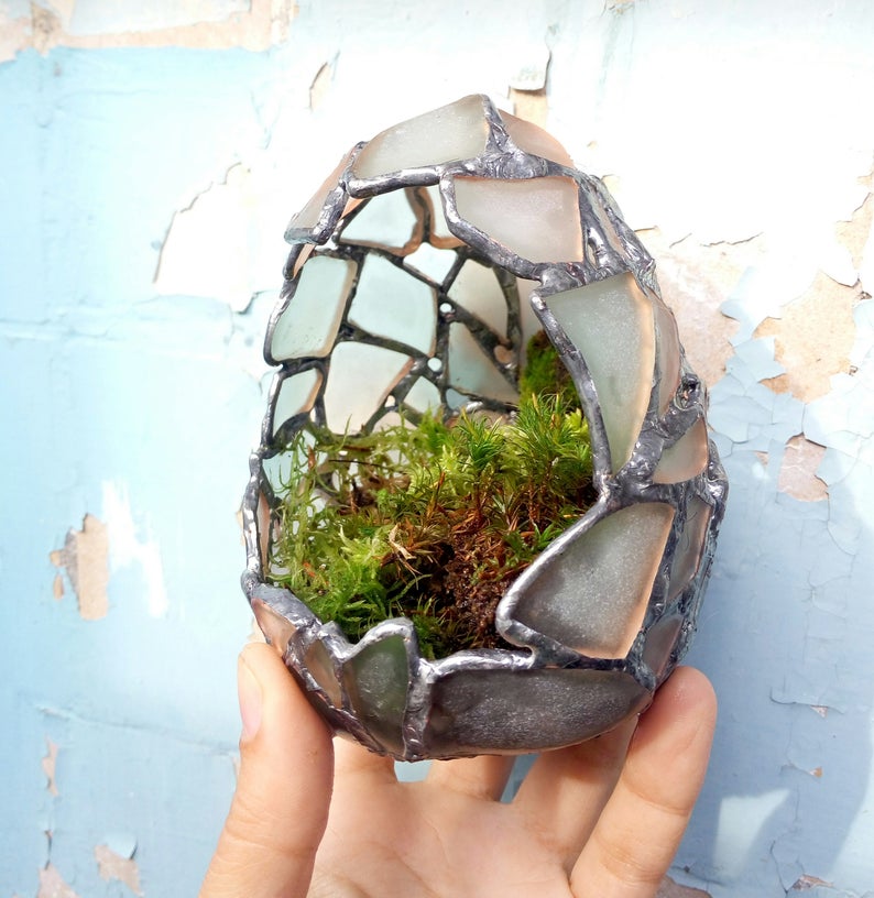 Florarium white dragon egg, candle holder sea stained glass, easter egg home decor, succulent planter - Image 10