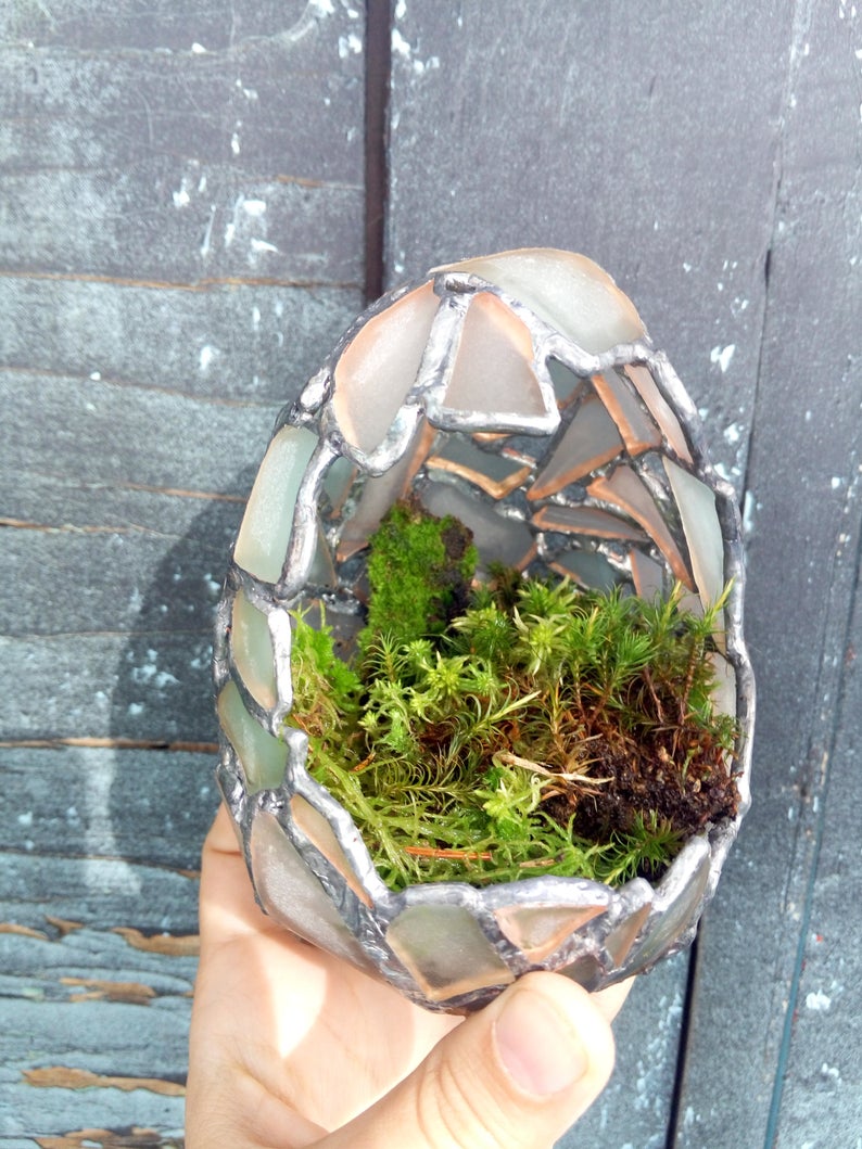 Florarium white dragon egg, candle holder sea stained glass, easter egg home decor, succulent planter - Image 5