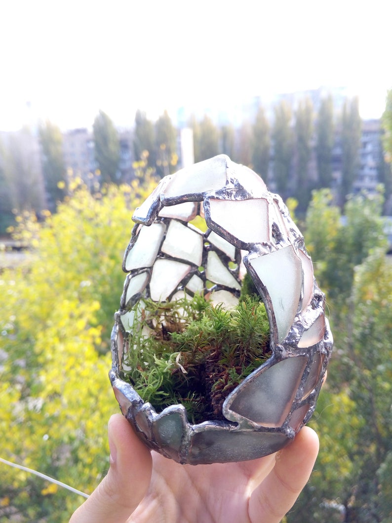Florarium white dragon egg, candle holder sea stained glass, easter egg home decor, succulent planter - Image 6
