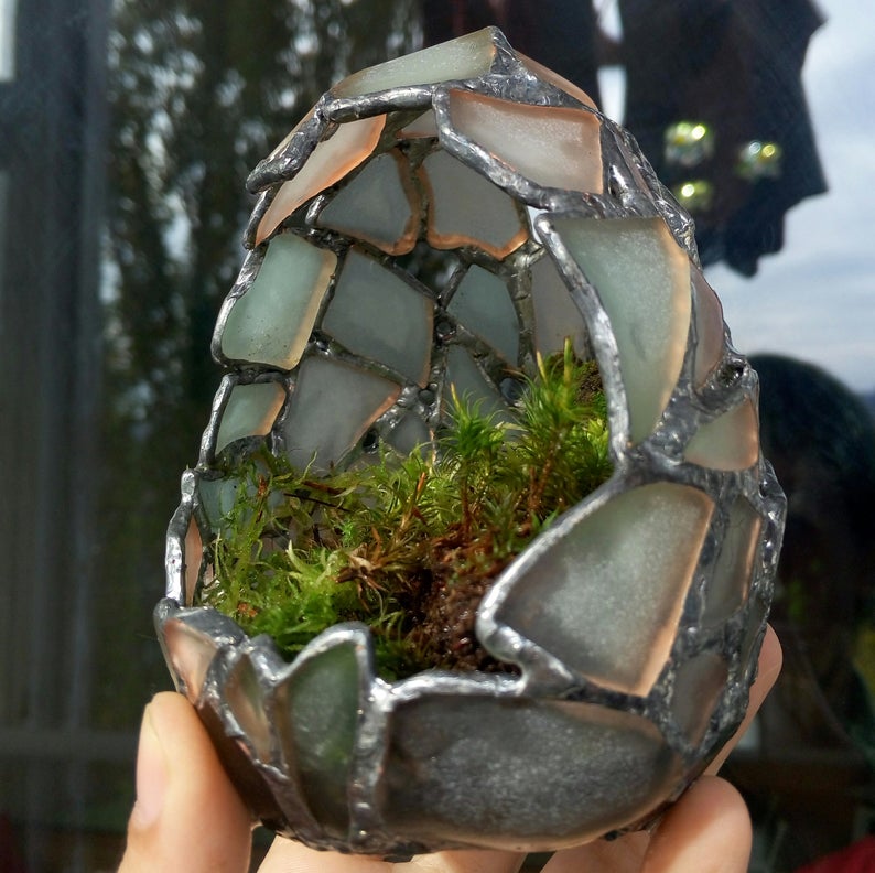Florarium white dragon egg, candle holder sea stained glass, easter egg home decor, succulent planter - Image 7