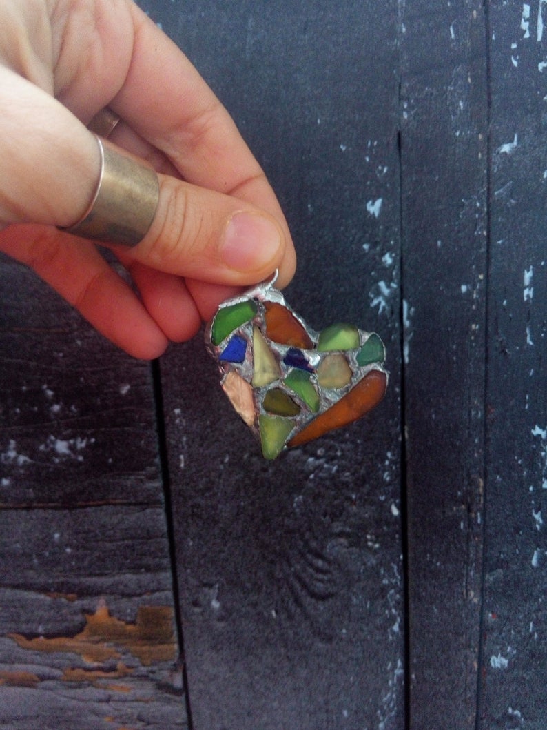 Heart keychain, two-sided sea stained glass inlaid mosaic, OOAK sea love souvenir, romantic pendant, bag charm - Image 8
