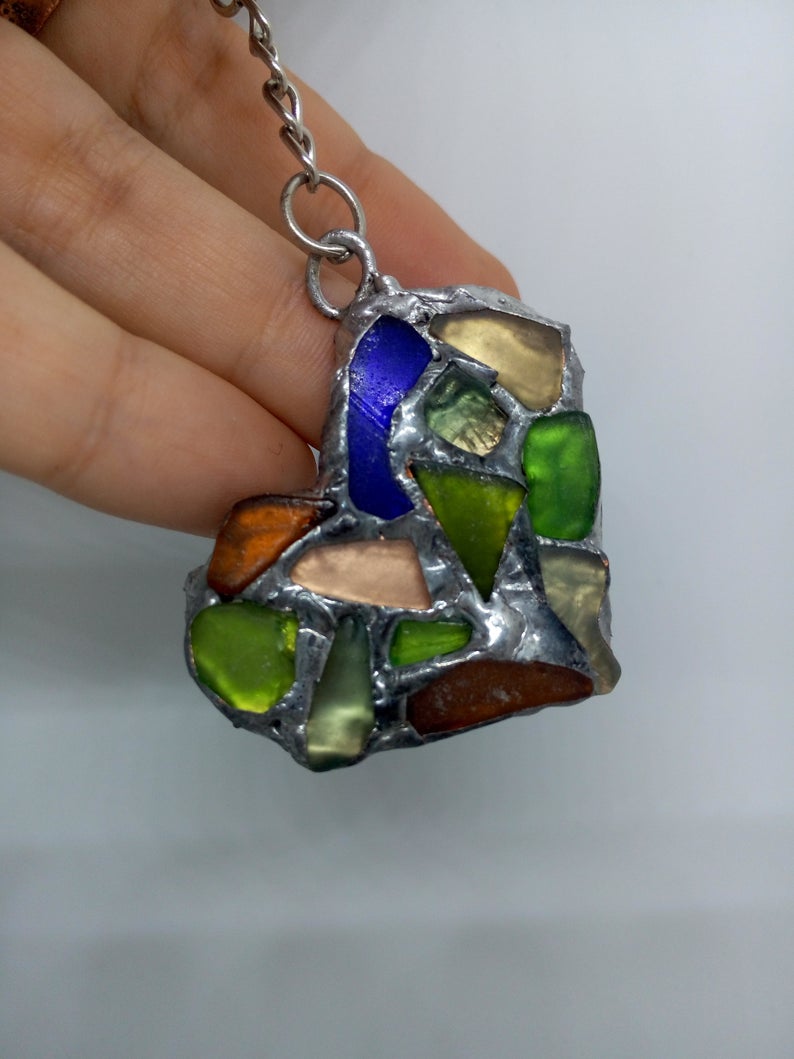 Heart keychain, two-sided sea stained glass inlaid mosaic, OOAK sea love souvenir, romantic pendant, bag charm - Image 11