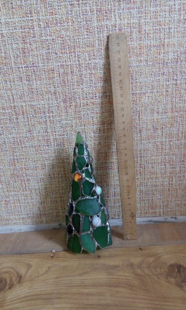 Tiffany stained glass green sea glass Christmas tree - home decor figurine candle holder OOAK gift - Image 7