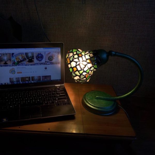 Mosaic table lamp, small sea stained glass Tiffany style, vintage OOAK beach glass desk lamp, unique art - Image 2