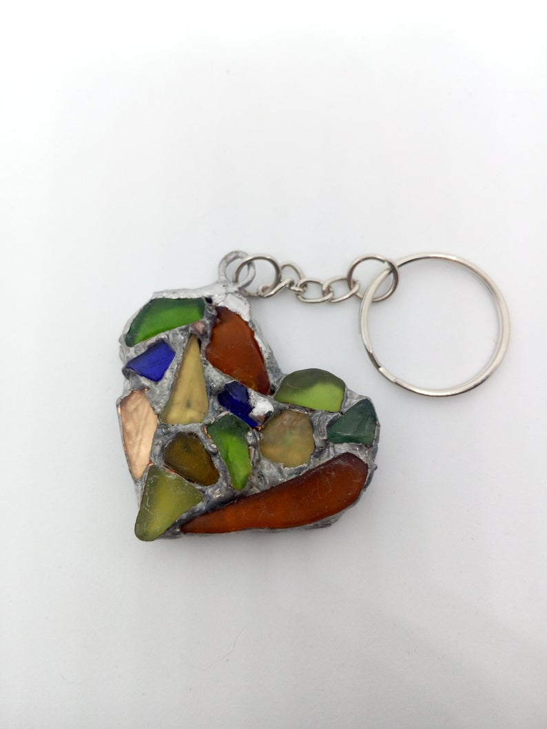 Heart keychain, two-sided sea stained glass inlaid mosaic, OOAK sea love souvenir, romantic pendant, bag charm - Image 3
