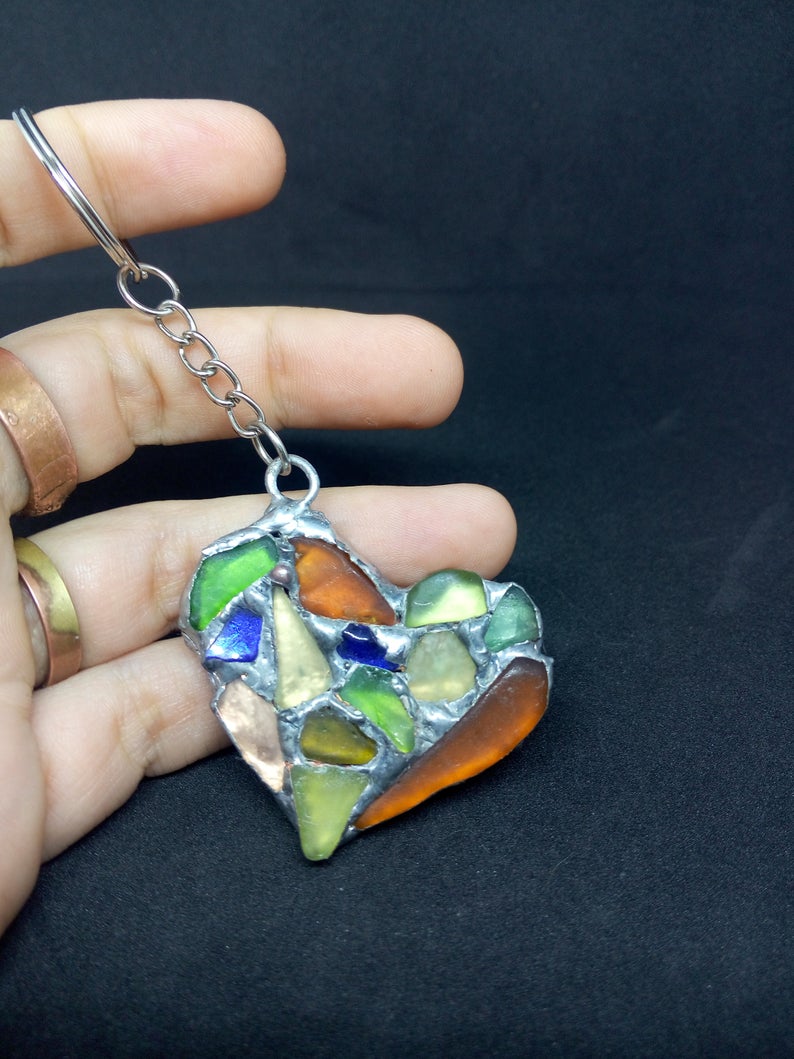 Heart keychain, two-sided sea stained glass inlaid mosaic, OOAK sea love souvenir, romantic pendant, bag charm - Image 10