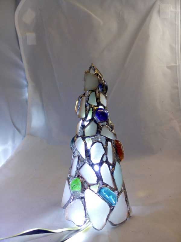 White Christmas tree, stained glass sea glass  - home decor figurine, candle holder, OOAK recycled art - Image 5