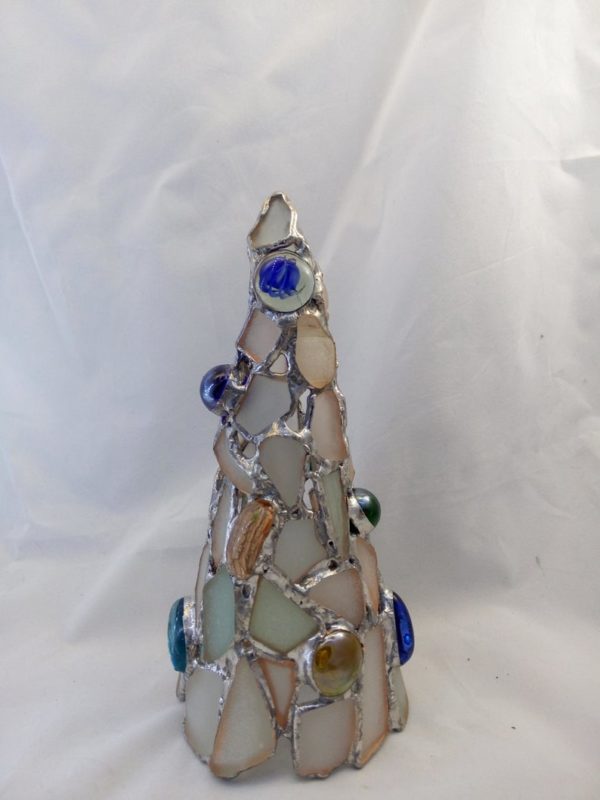 White Christmas tree, stained glass sea glass  - home decor figurine, candle holder, OOAK recycled art - Image 8