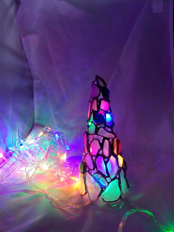 White Christmas tree, stained glass sea glass  - home decor figurine, candle holder, OOAK recycled art - Image 9