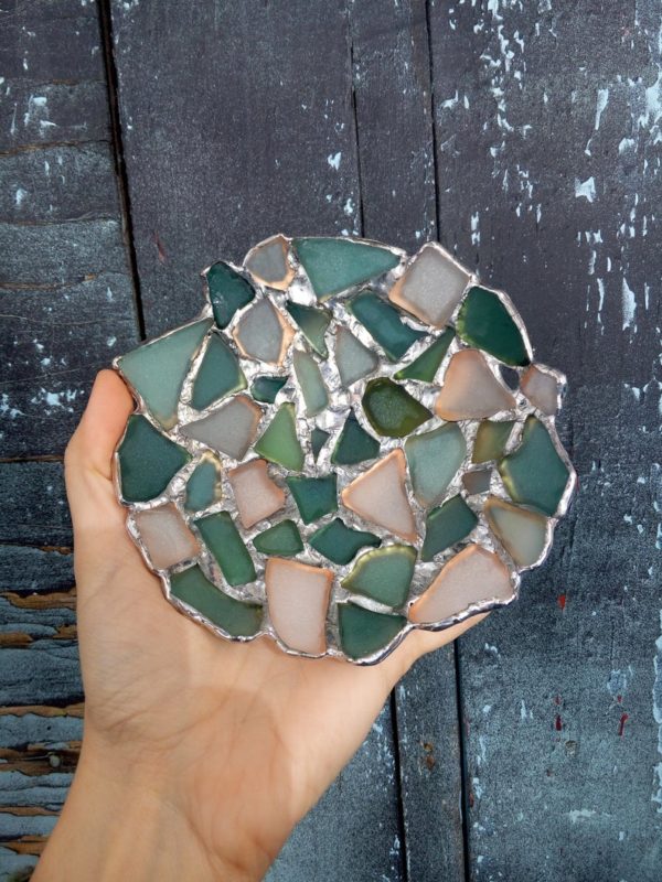 Round sea glass ring dish, sea stained glass jewelry trinket holder bowl - beach glass love gift, mosaic tealight candle holder - Image 8