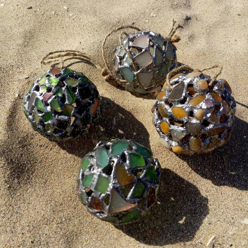 Christmas tree ornaments baubles: 4 type sea stained glass balls + "snowflake". Unique family heirloom - Image 2