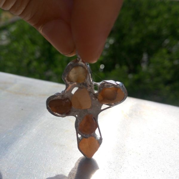 Sea glass cross necklace pendant, chunky statement art jewelry, boho stained glass mosaic - Image 7