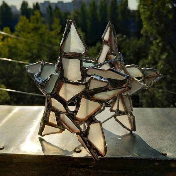 Candle holder "Double star", sea stained glass home decor, original upcycled mosaic art - Image 2