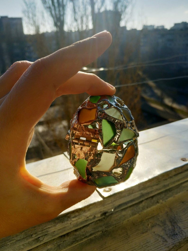 Small easter egg jewelry box, sea stained glass OOAK Faberge-style ring box, dragon egg, collectable