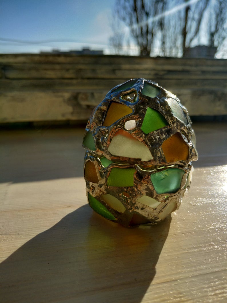 Small easter egg jewelry box, sea stained glass OOAK Faberge-style ring box, dragon egg, collectable - Image 9
