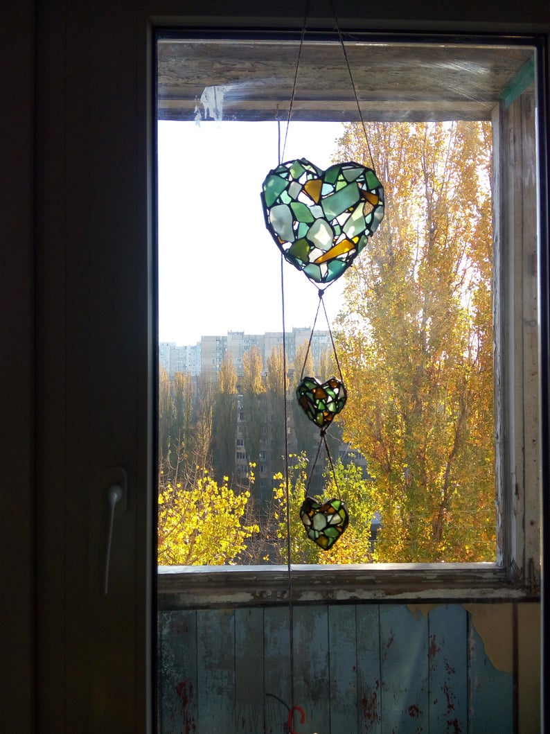 3D heart suncatcher, sea stained glass wreath interior or garden decorative  pendant – seastainedglass