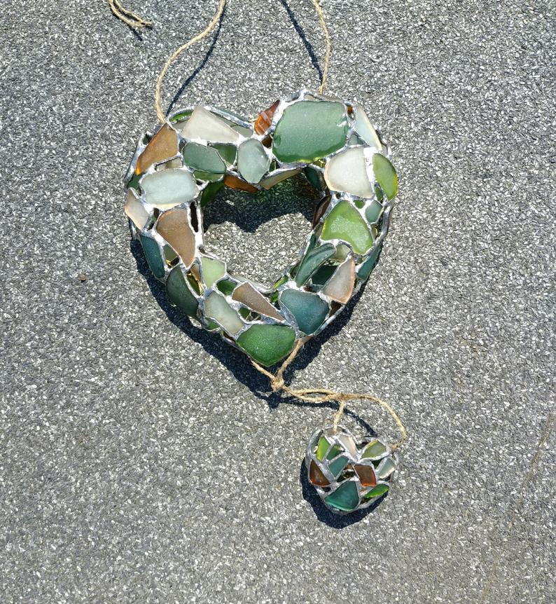 3D heart suncatcher, sea stained glass wreath interior or garden decorative  pendant – seastainedglass