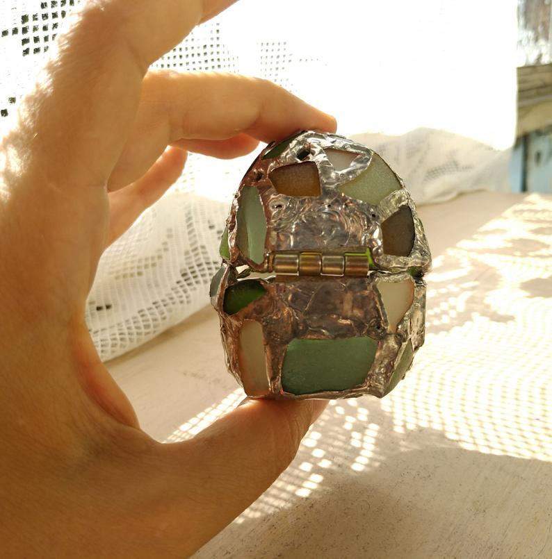 Small easter egg jewelry box, sea stained glass OOAK Faberge-style ring box, dragon egg, collectable - Image 12