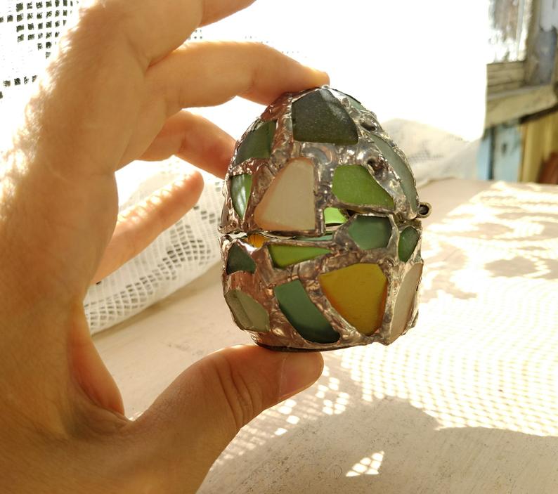 Small easter egg jewelry box, sea stained glass OOAK Faberge-style ring box, dragon egg, collectable - Image 14