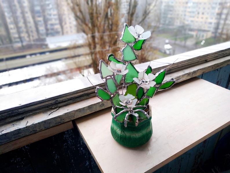 Cactus collectible figurine + flowers, sea stained glass, green blooming cactus, artificial everlasting succulent - Image 8
