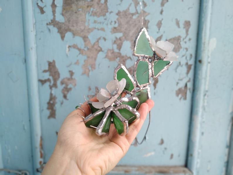 Cactus collectible figurine + flowers, sea stained glass, green blooming cactus, artificial everlasting succulent - Image 3