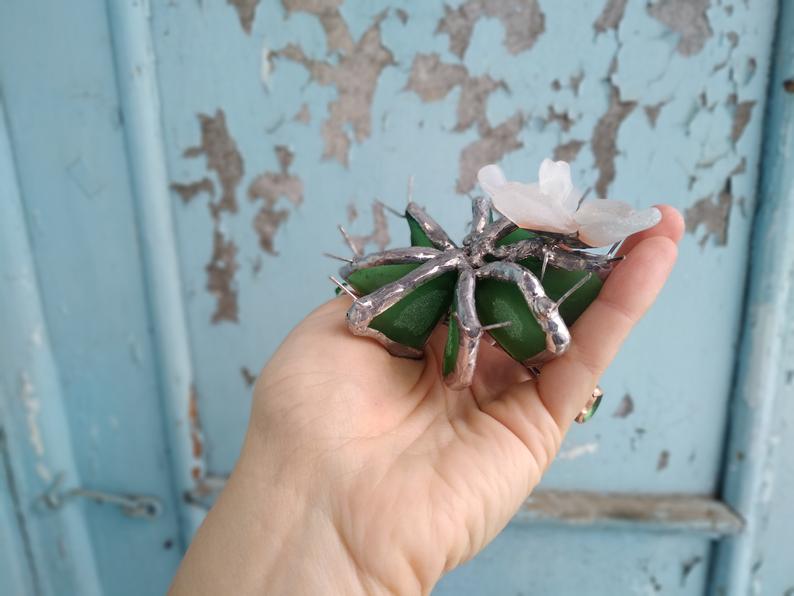 Cactus collectible figurine + flowers, sea stained glass, green blooming cactus, artificial everlasting succulent - Image 4