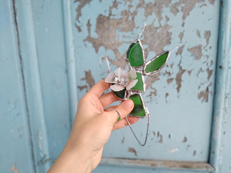 Cactus collectible figurine + flowers, sea stained glass, green blooming cactus, artificial everlasting succulent - Image 5