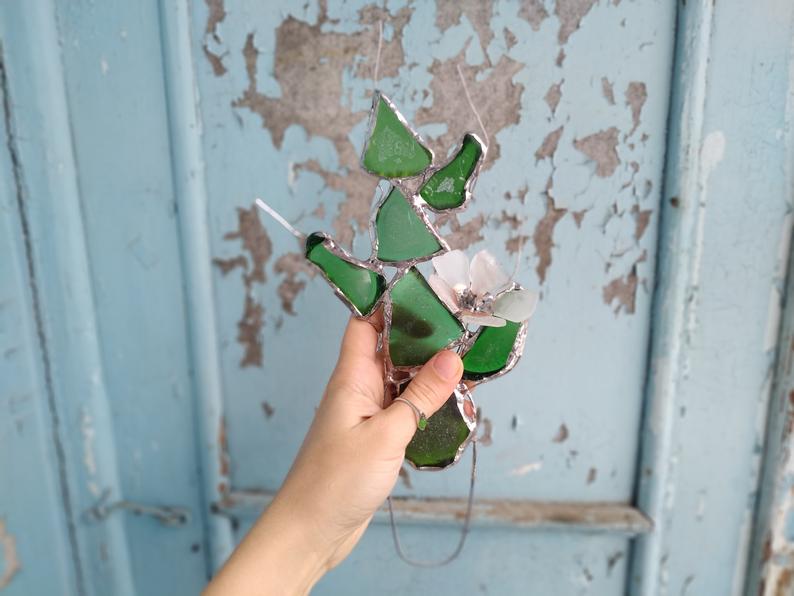 Cactus collectible figurine + flowers, sea stained glass, green blooming cactus, artificial everlasting succulent - Image 6
