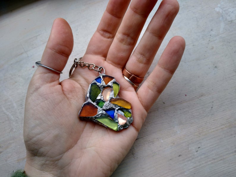 Heart keychain, two-sided sea stained glass inlaid mosaic, OOAK sea love souvenir, romantic pendant, bag charm - Image 12